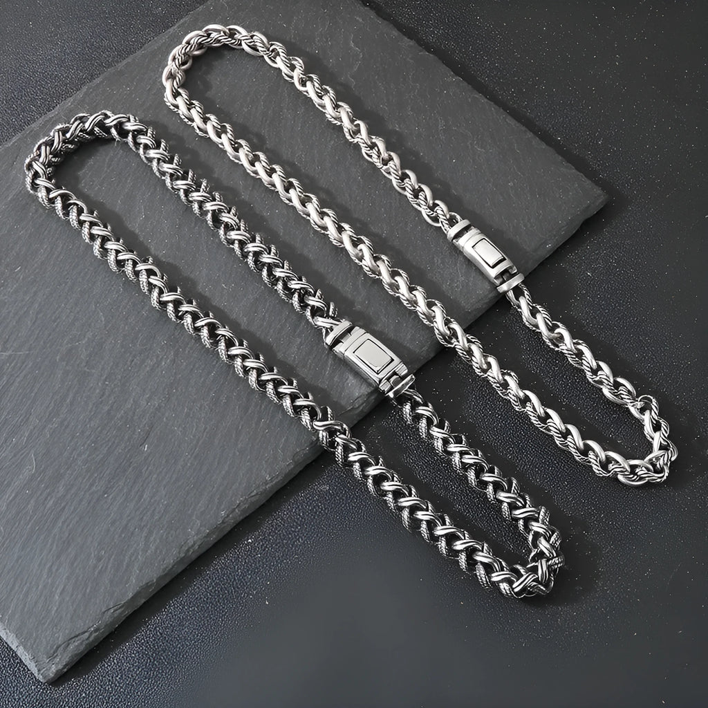 Men's antique silver titanium steel keel chain necklace with geometric twist design