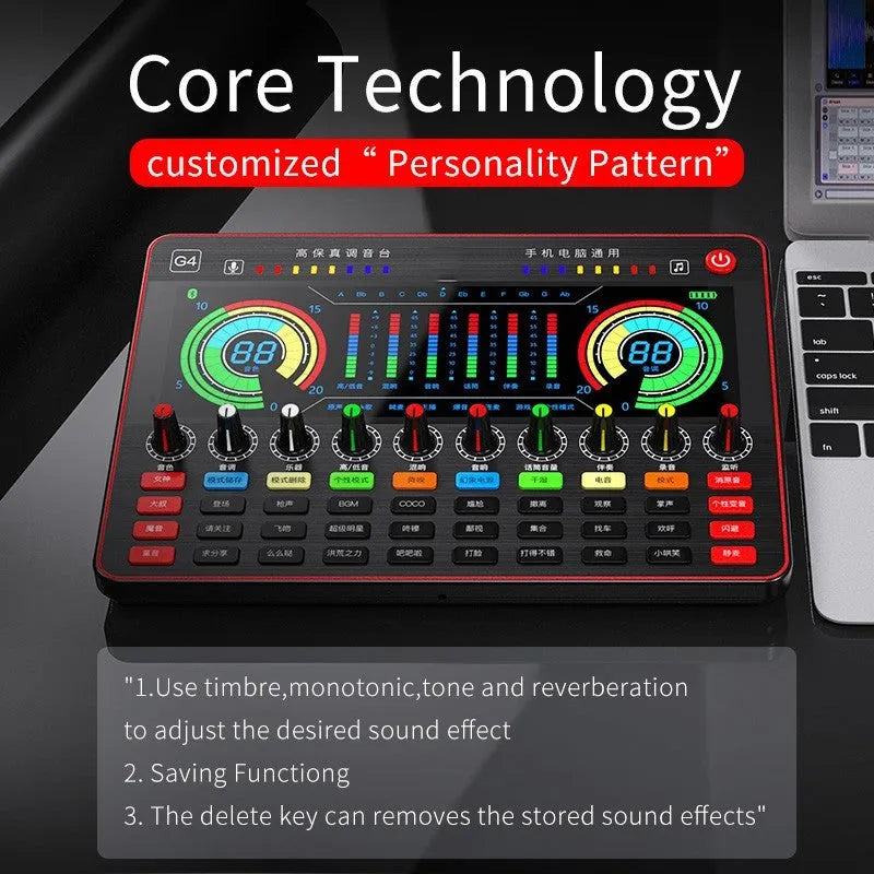 G4 professional live sound card mixer set with microphone, remote control, and audio cables on a table