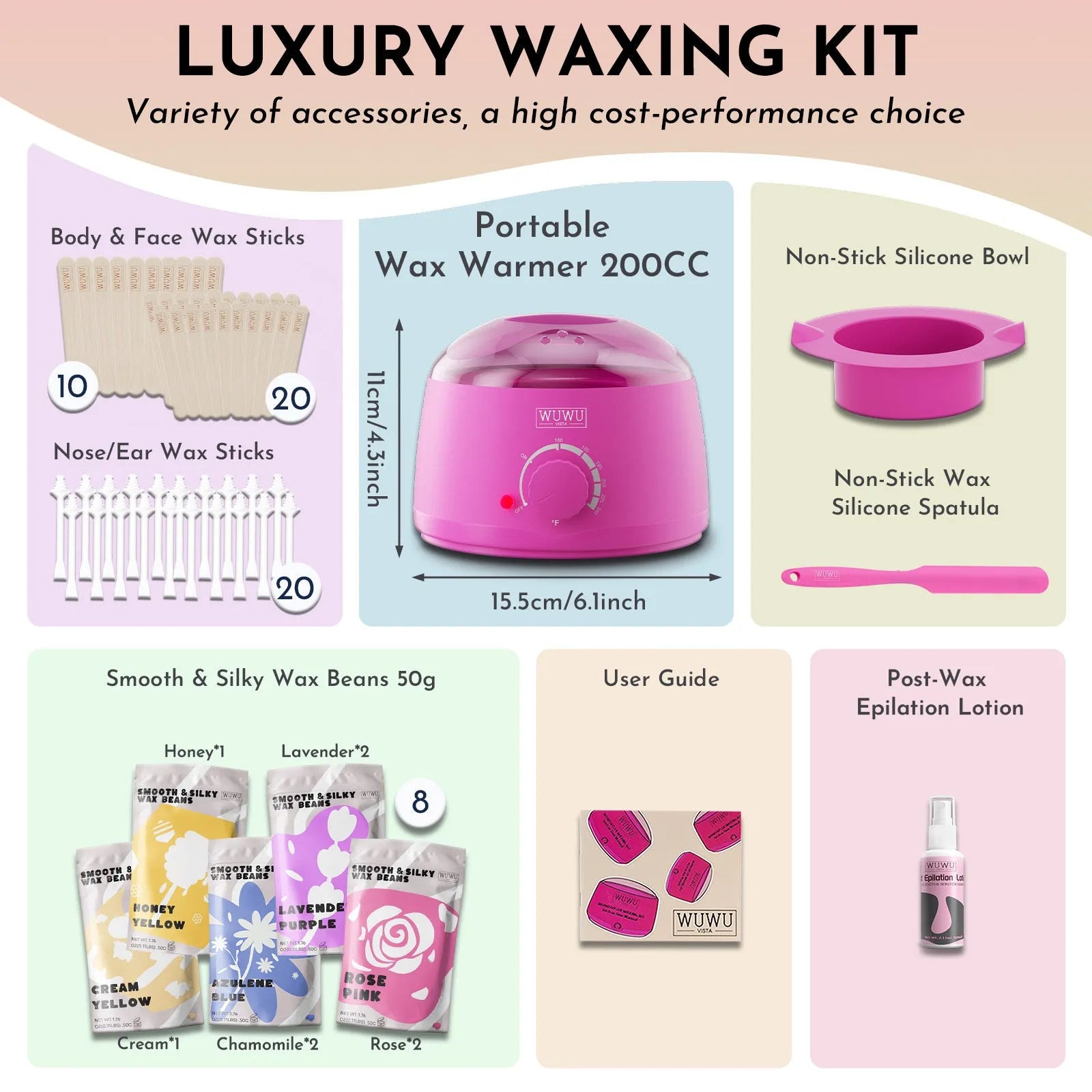 Waxing kit with 63 pieces including wax warmer, wax beans, wax sticks and lotion in black or pink colour