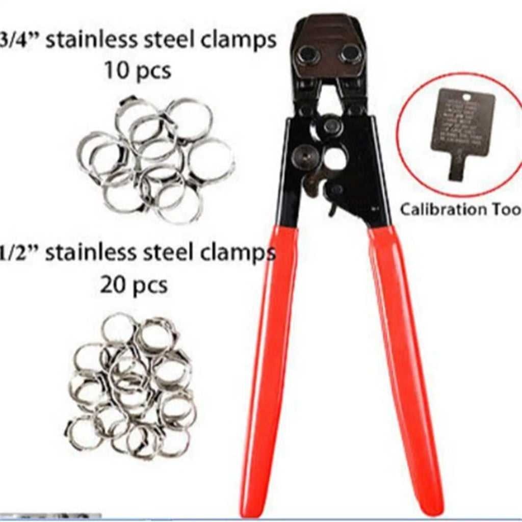 Red cloth pouch containing metal PEX clamp tool with single ear mechanism and carbon steel cutting edge