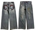 Men's grey washed-out wide-leg jeans with straight-leg opening and retro workwear design