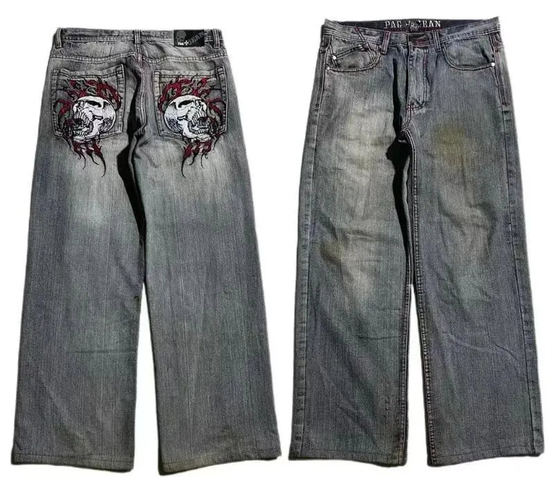 Men's grey washed-out wide-leg jeans with straight-leg opening and retro workwear design