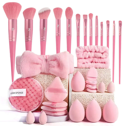 Beauty tools combination suit with hydrophilic non-latex sponge applicators in brown, pink and purple colours