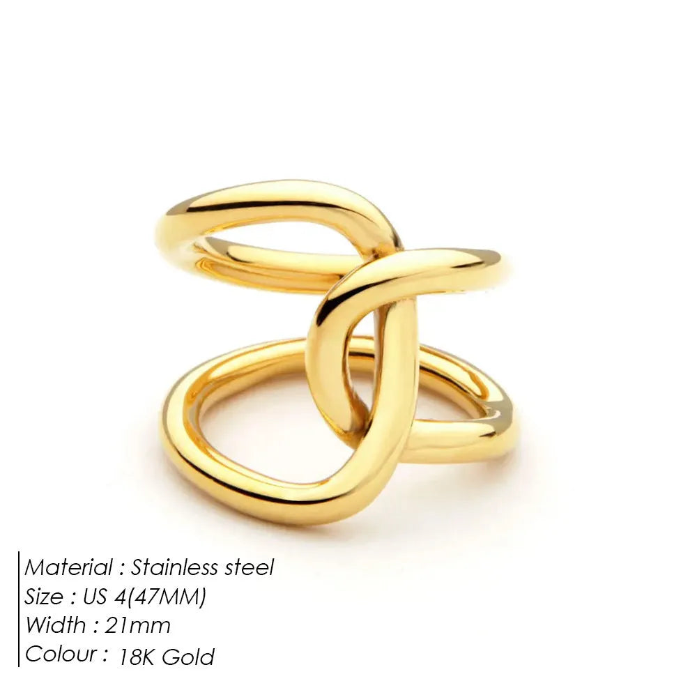 Geometric knotted open ring in stainless steel showing U-shape design and adjustable sizing