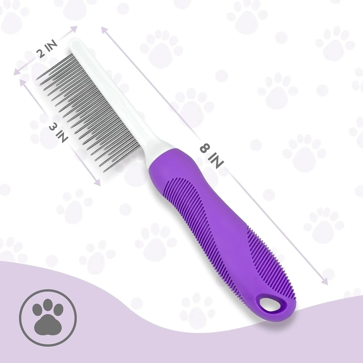 Purple pet detangling comb with stainless steel teeth on wooden surface