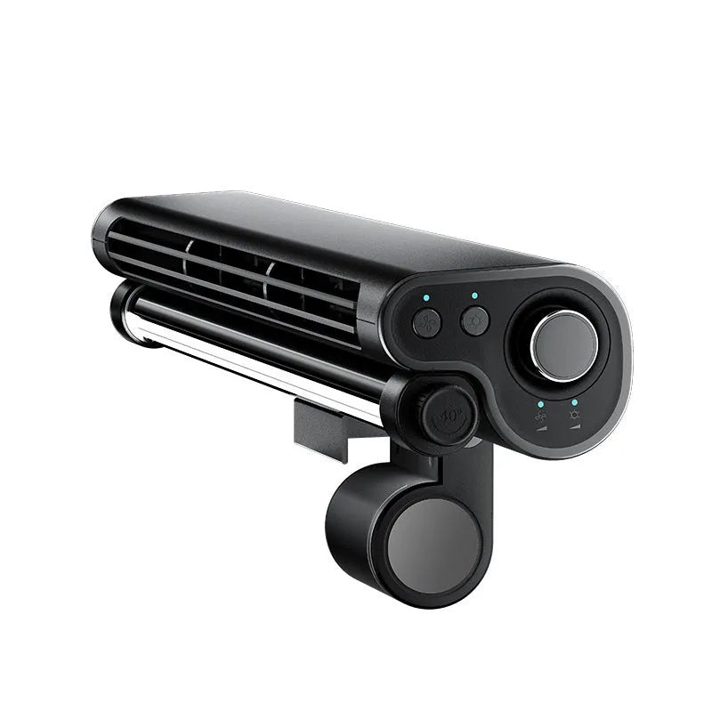 Black USB bladeless fan with clip mount and integrated LED lamp for laptop screens