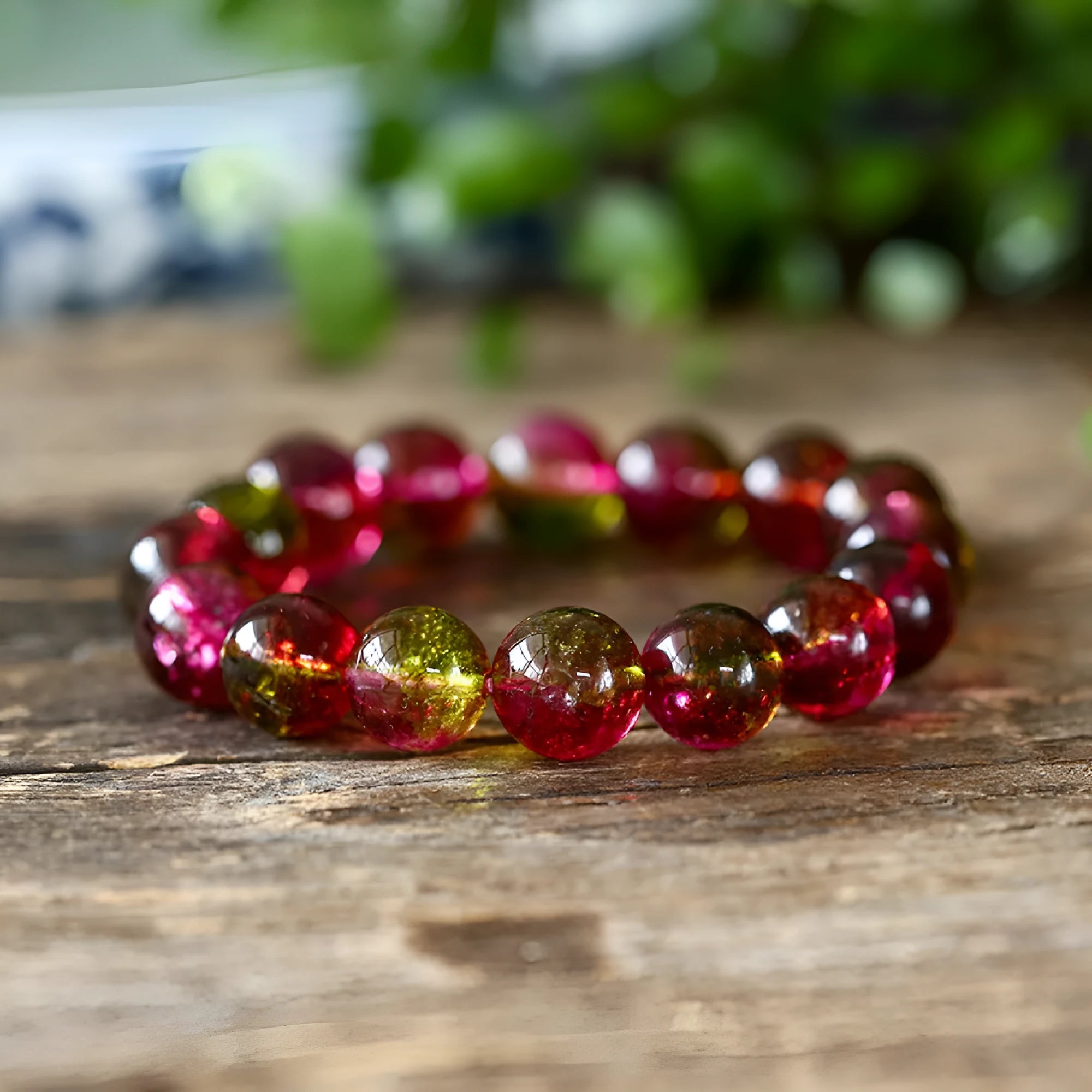 Handmade women's bracelet with green Watermelon Crystal beads in a casual pastoral style.
