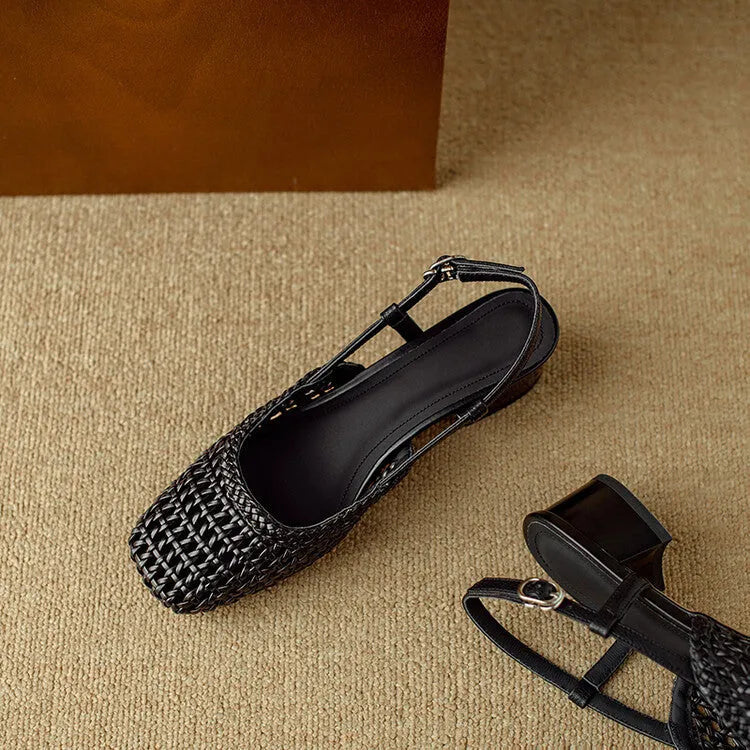 Women's beige woven hollow-out closed toe sandals with chunky 4cm heel and buckle fastening