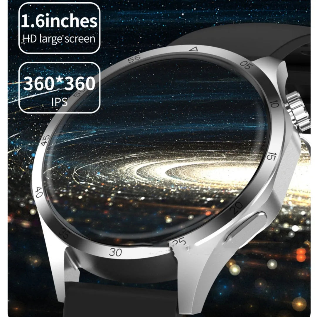 Black smartwatch with Bluetooth calling and health monitoring features on a silicone strap