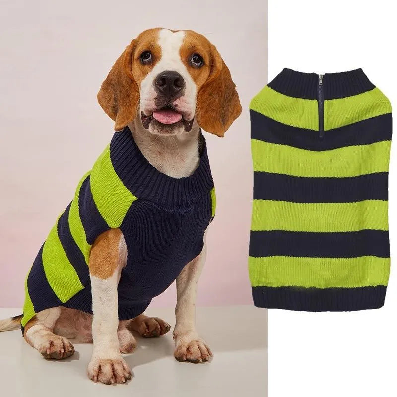 Grey dog sweater with horizontal zipper and button-accented pockets for small medium breeds