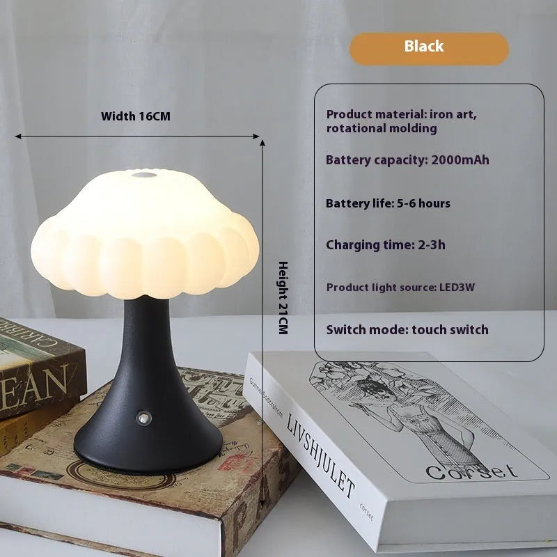Mushroom-shaped night light with USB charging port and touch controls in five colour options