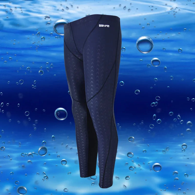 Men's nylon cropped swimming trunks in black with contrast line pattern for athletic swimming and fitness