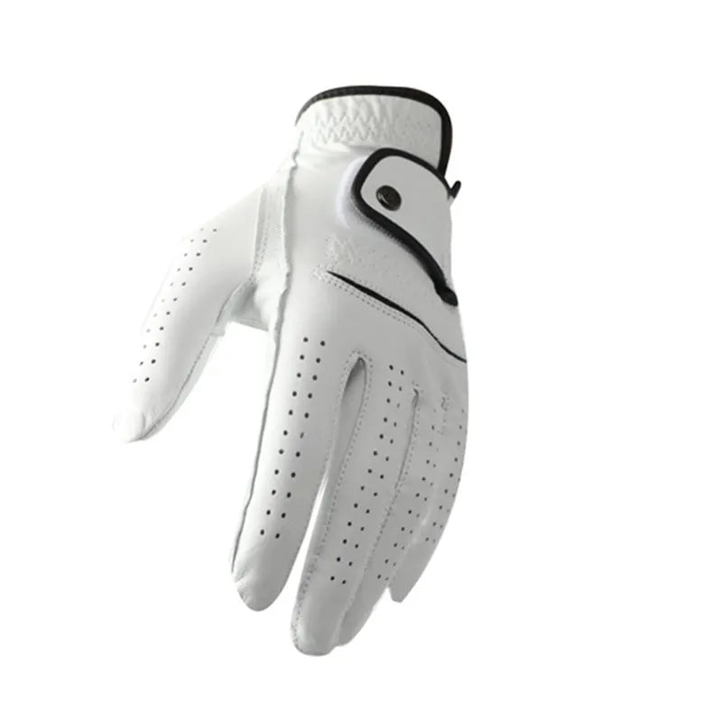 Men's white half sheepskin golf glove shown flat, highlighting the non-slip material.