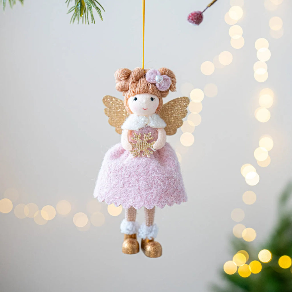 Pink and white cloth Christmas angel wings plush pendant with modern design for tree decoration