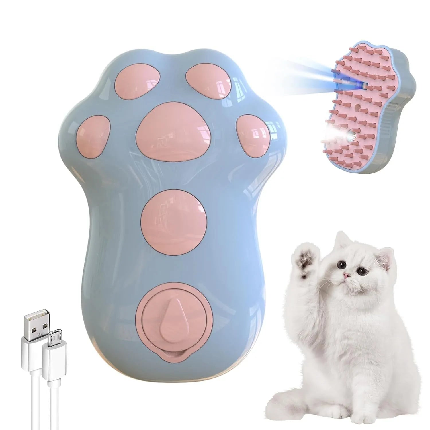 Self-cleaning cat steam brush with blue light and release button for pet grooming
