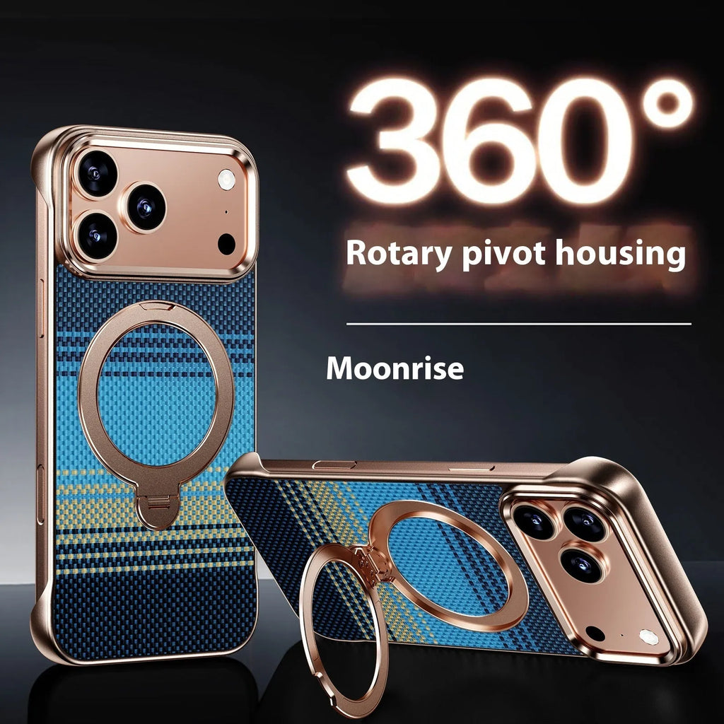 Aramid fibre frameless phone case with bracket and magnetic suction for iPhone 14 15 16 17 series in black