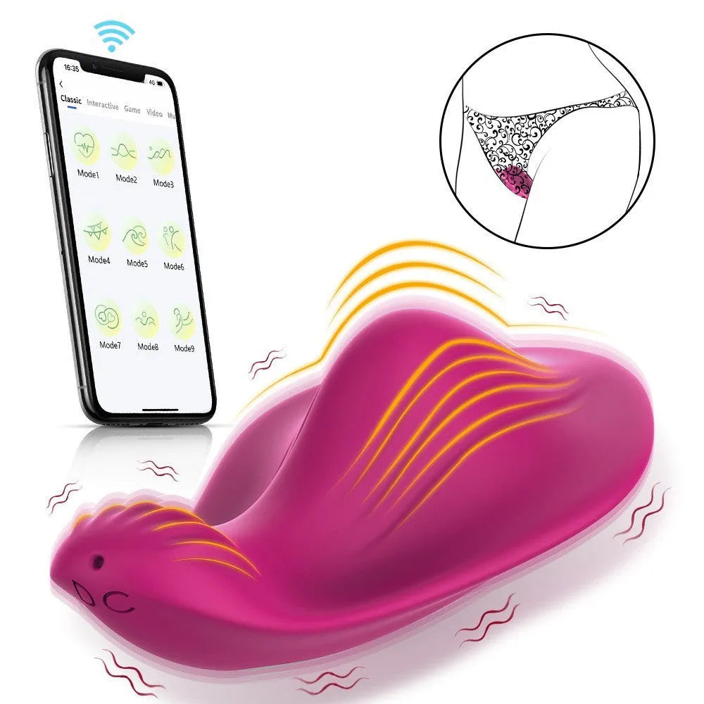 Rose red silicone wearable female massager with butterfly shape and USB charging port