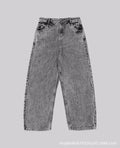 Grey loose-fit straight-leg denim trousers for men and women on a hanger.