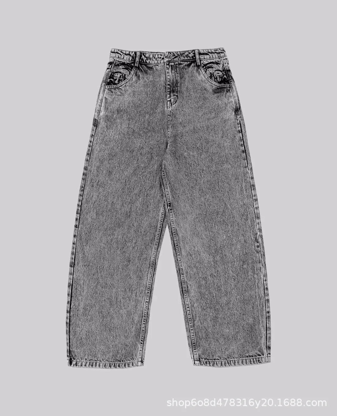 Grey loose-fit straight-leg denim trousers for men and women on a hanger.