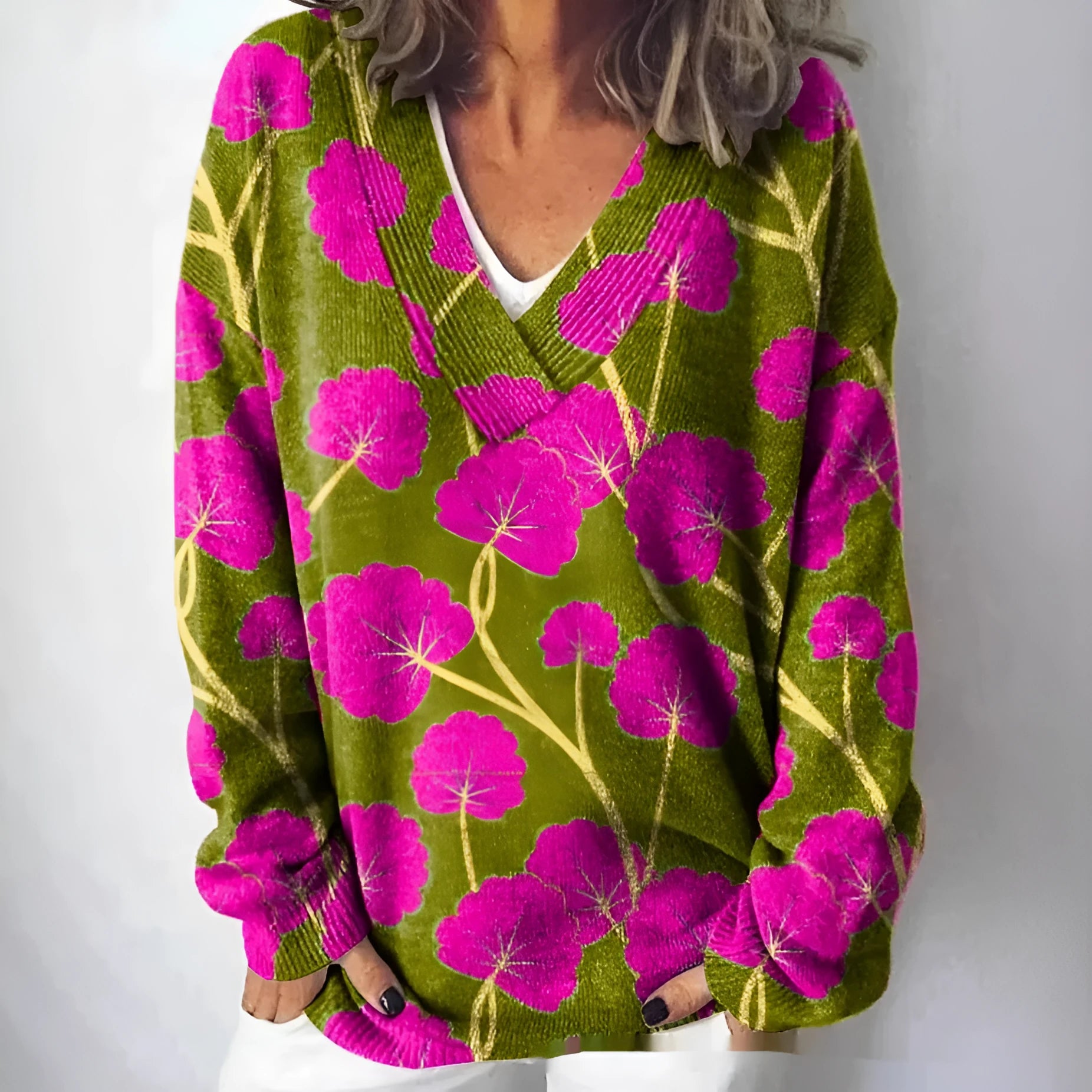 Women's V-neck long sleeve sweatshirt with a raised 3D floral pattern print in art retro style.