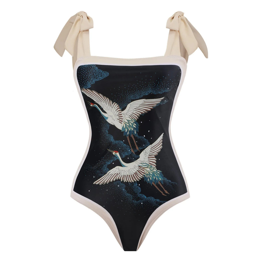 Women's retro floral one-piece swimsuit with chiffon skirt in yellow and black feather patterns