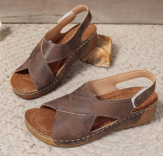 Women's brown Roman platform sandals with Velcro straps and open toe