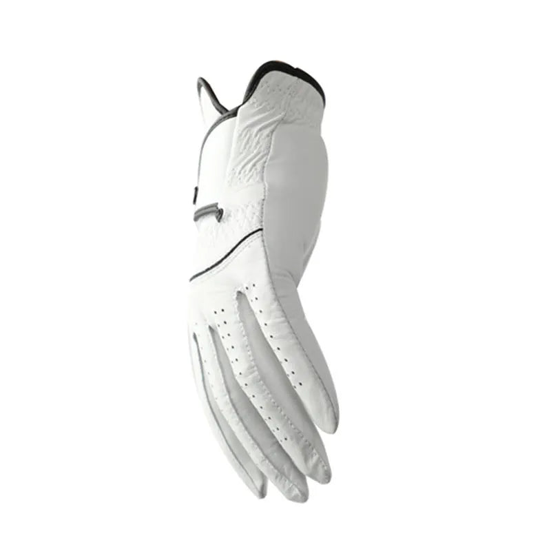 Men's white half sheepskin golf glove shown flat, highlighting the non-slip material.