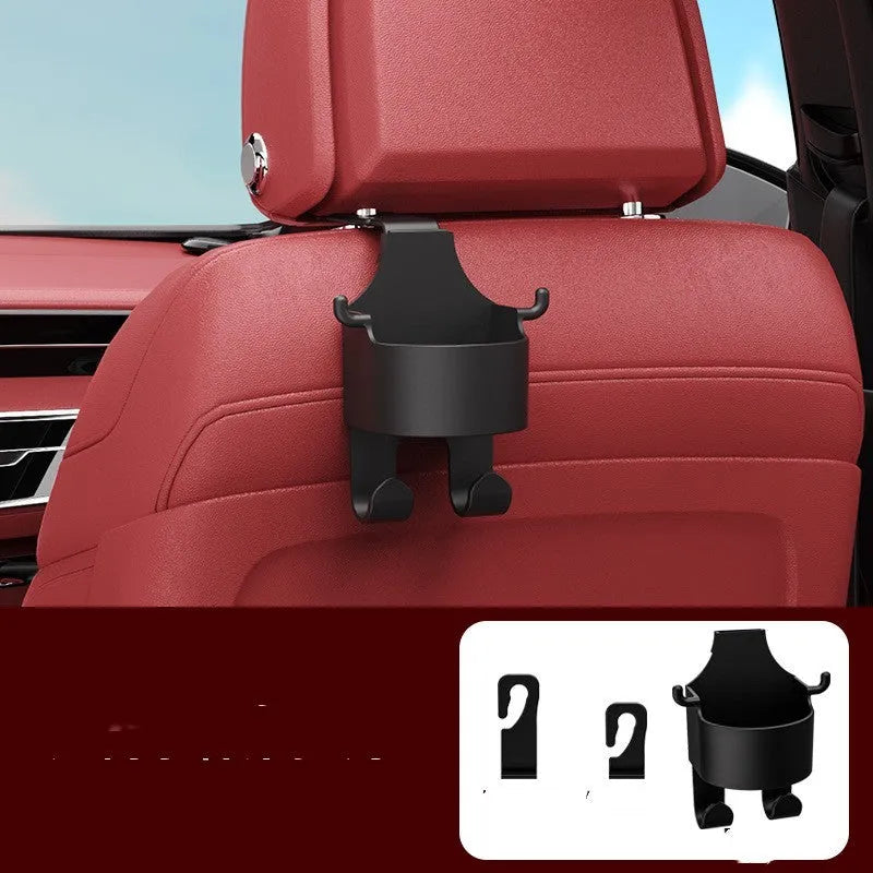 Black plastic car seat back hook with built-in cup holder for vehicle organisation