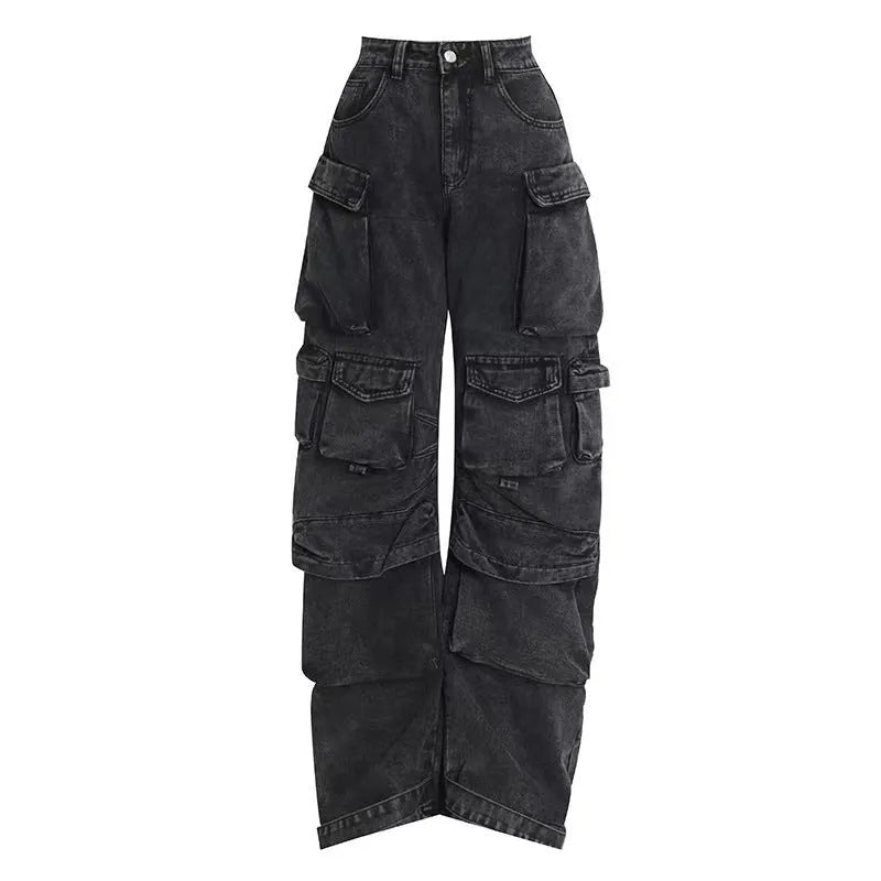 Woman wearing blue tie-dyed high waist wide leg denim trousers with multiple pockets