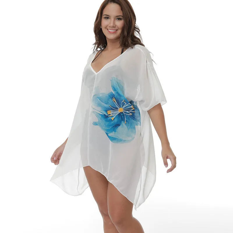 White plus size beach cover-up blouse for women with loose fit sun protection