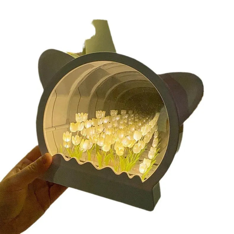 Handmade DIY cat head design night lamp with tulip flower sea pattern