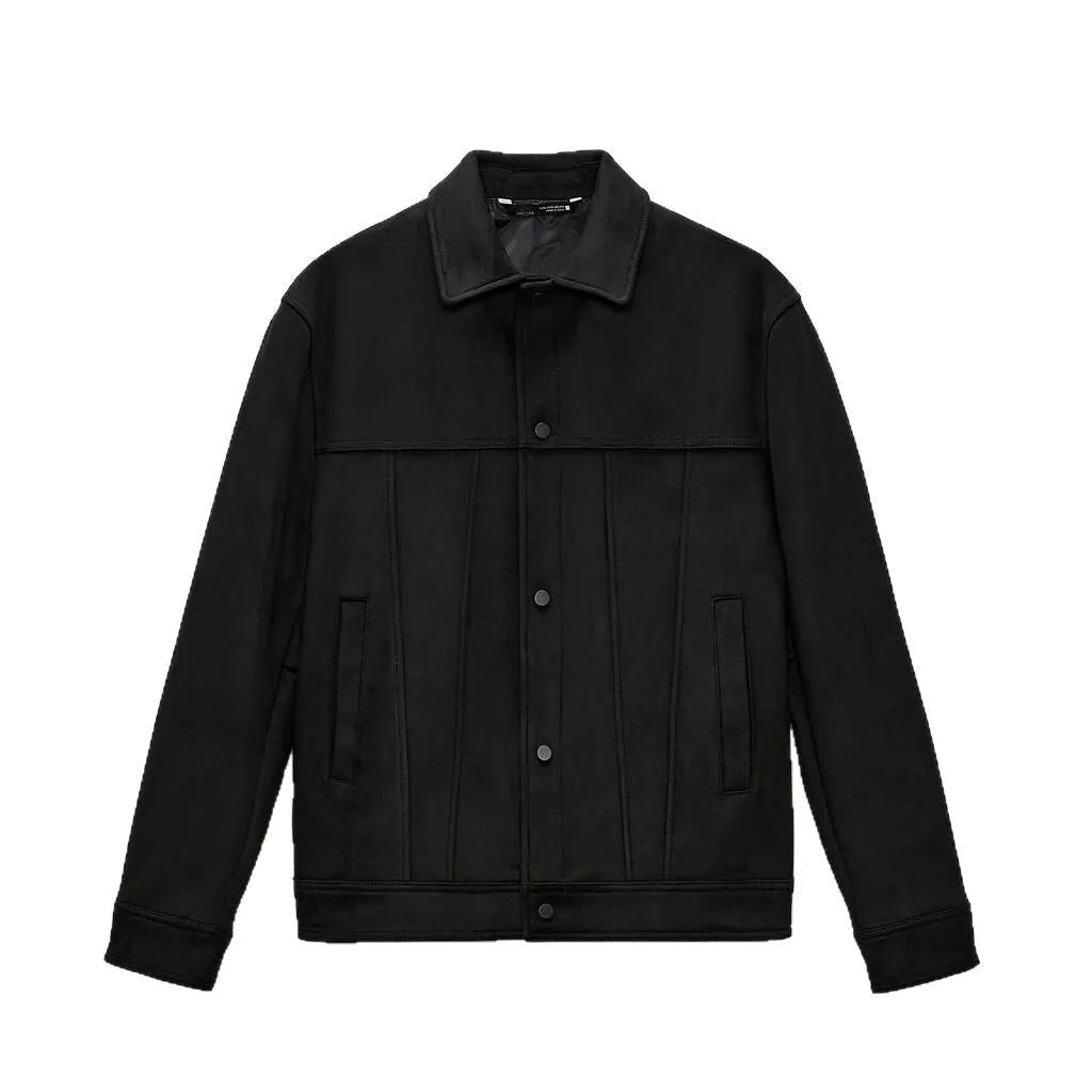 Black men's hooded jacket with a suede collar, side pockets, and a straight hem.