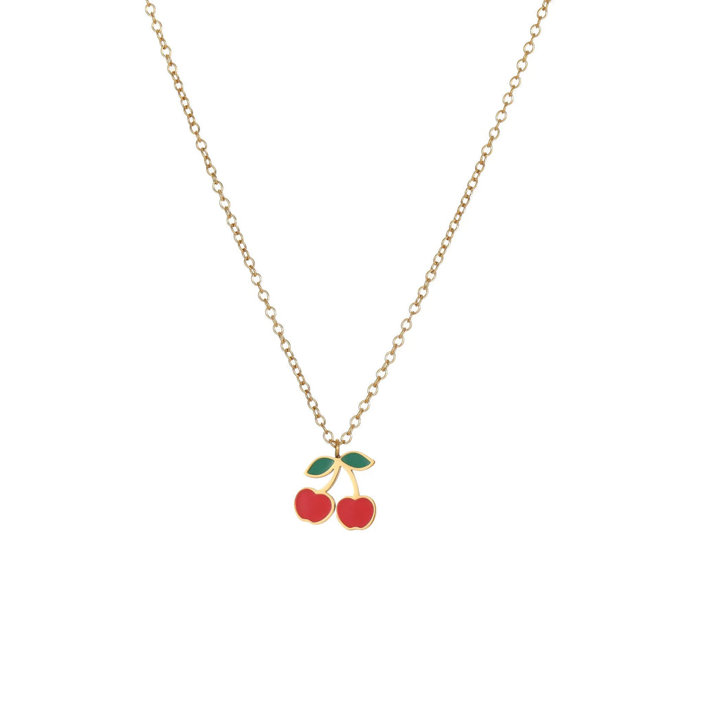 Cherry jewellery set showing necklace, bracelet, earrings, and ring with stainless steel construction and 18K gold electroplated finish