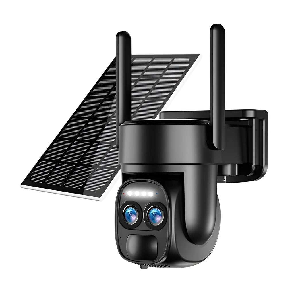 Solar-powered outdoor surveillance camera with 8x zoom lens and dual connectivity options