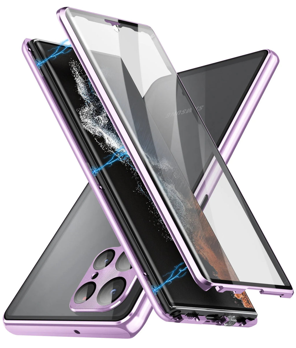 Samsung S24 Ultra magnetic phone case in multiple colours showing peep-proof mirror and metal construction.