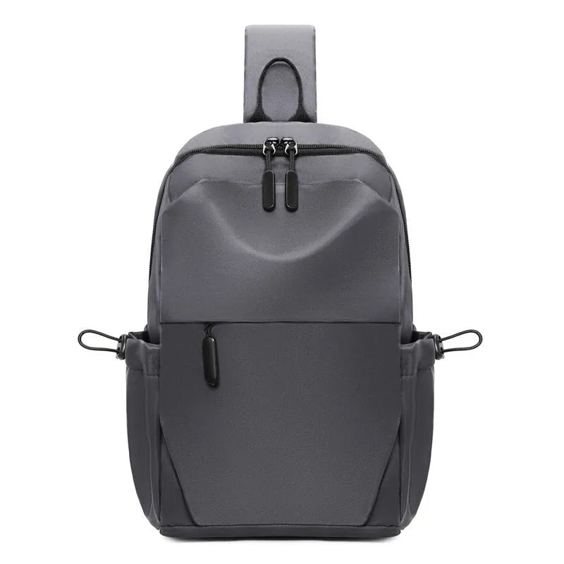 Men's grey lightweight chest bag showing front compartment and adjustable shoulder strap.