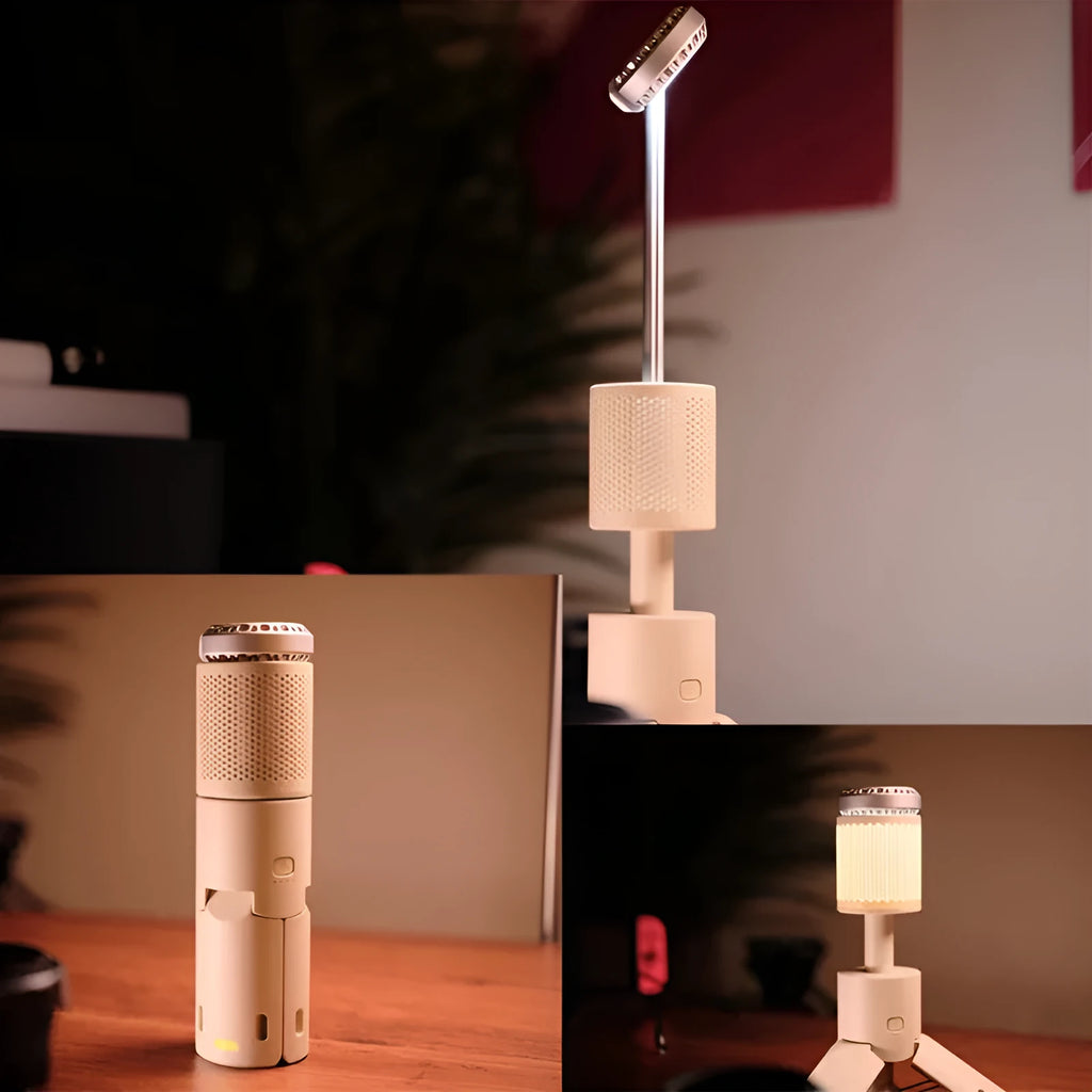 Portable LED camping lantern in off white or dark grey colour with a button switch.