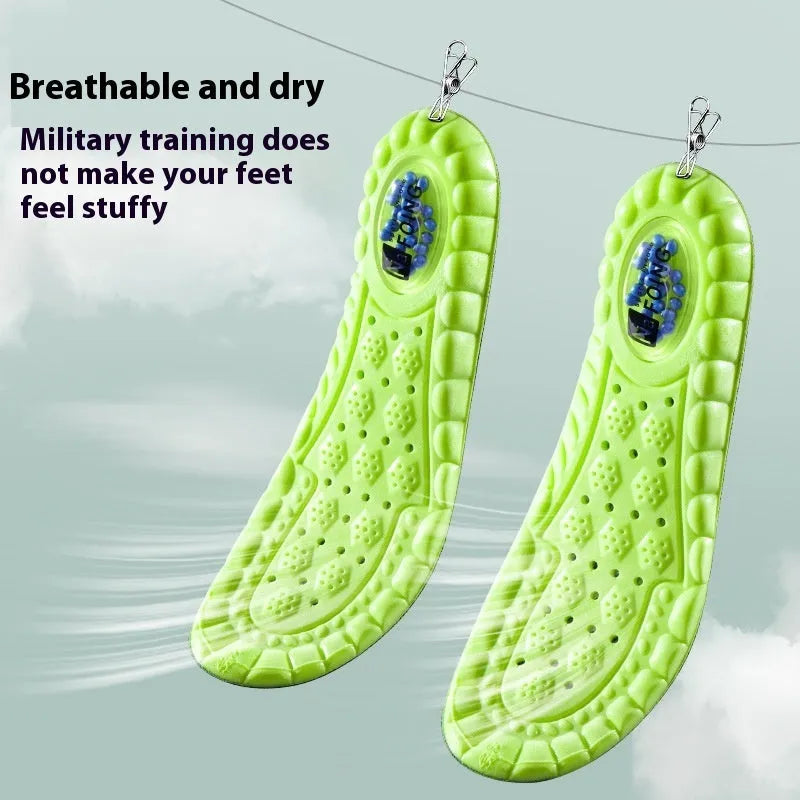 Green PU sports insoles with air cushion design and argy wormwood, shown alongside a size chart.