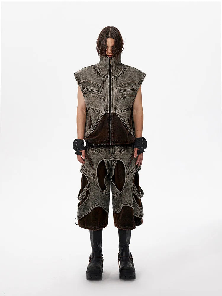 Men's spliced denim sleeveless vest jacket with front zipper closure
