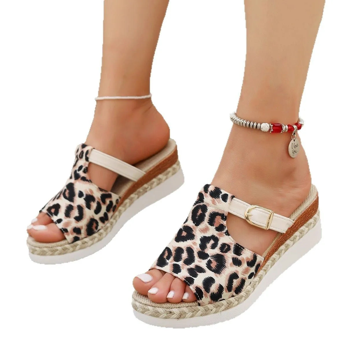 Leopard print wedge platform sandals with fish mouth open toe and 4cm heel