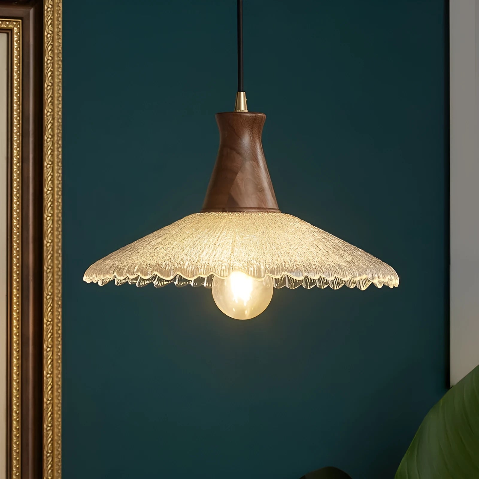 Retro wood and glass ceiling chandelier with brass-colour finish in three sizes.