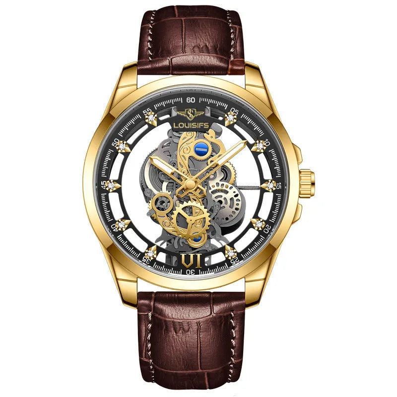 Men's Swiss quartz watch with gold or silver shell and brown or black strap.