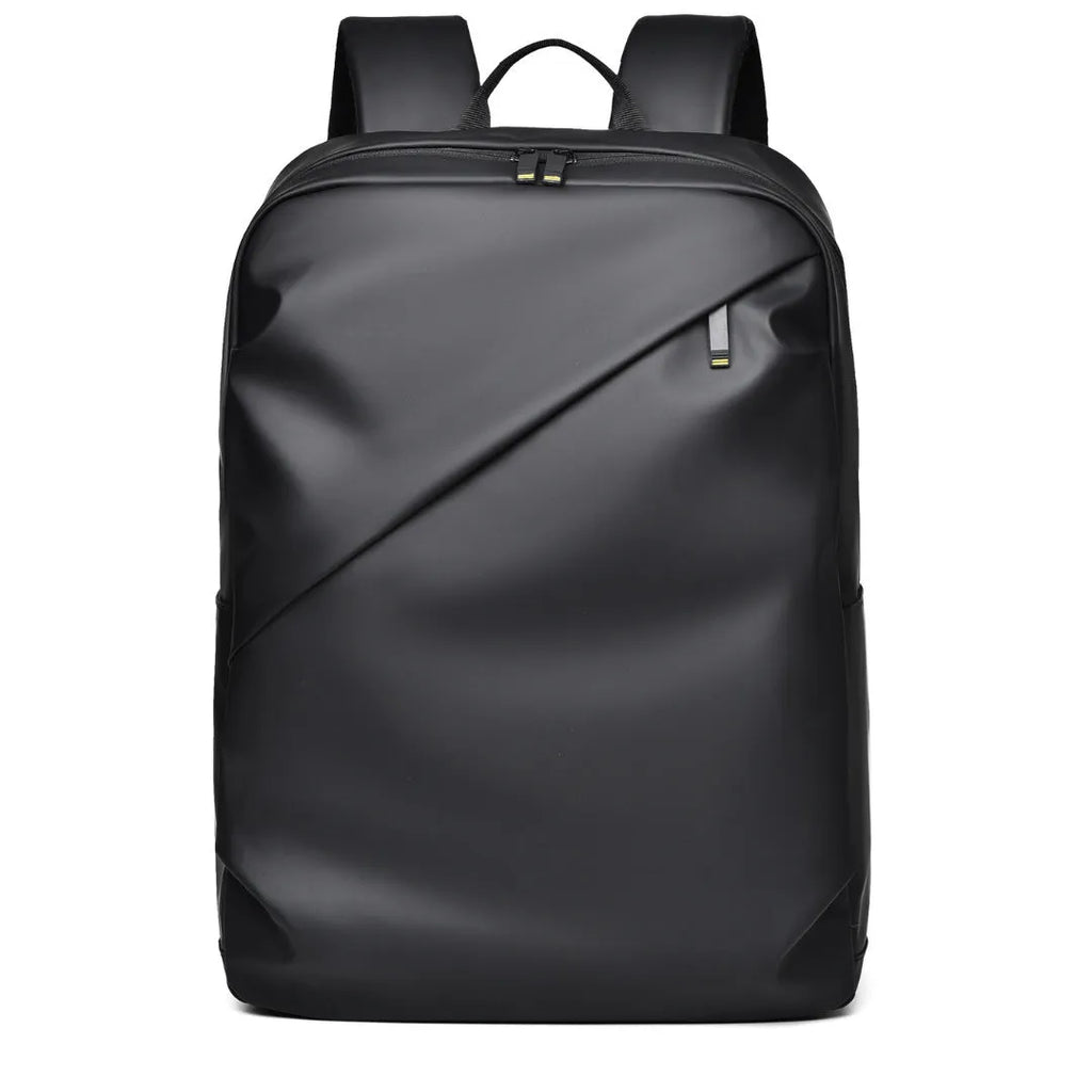 Men's large waterproof PU backpack in black, blue, or grey showing sewing thread details