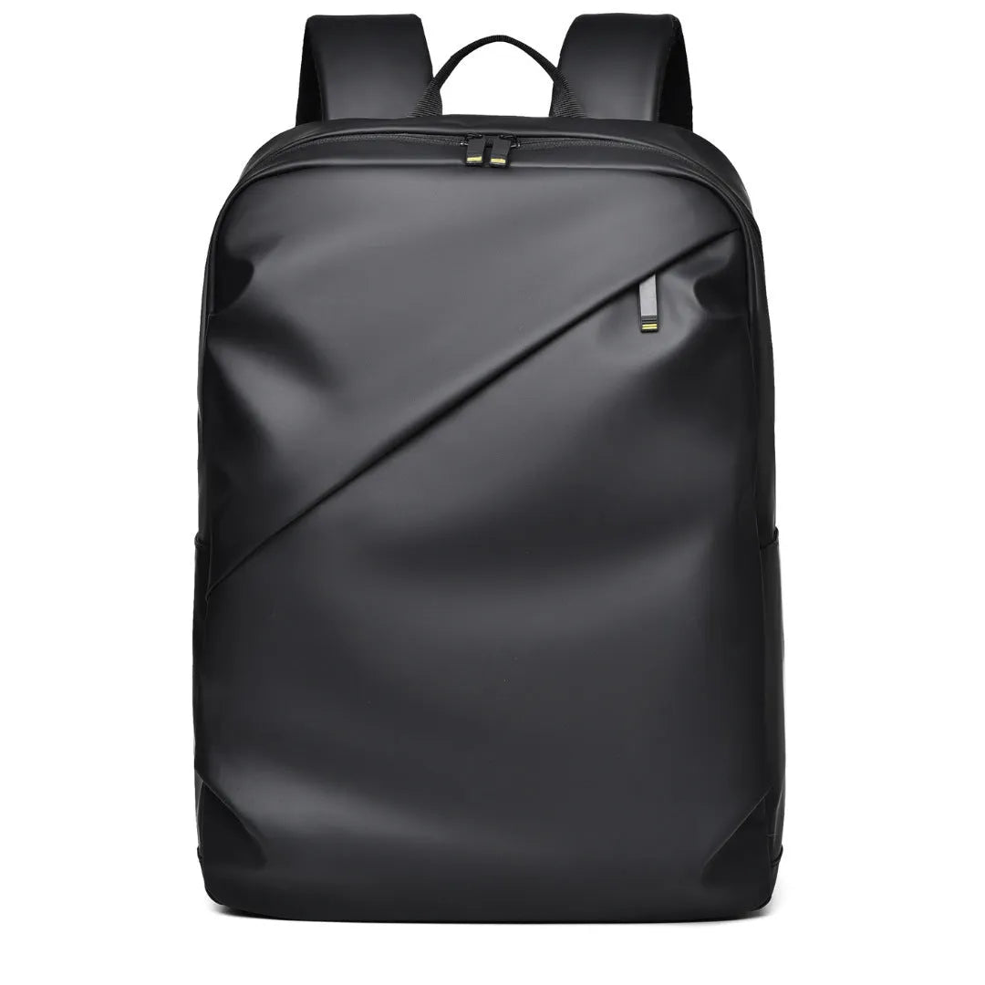 Men's large waterproof PU backpack in black, blue, or grey showing sewing thread details