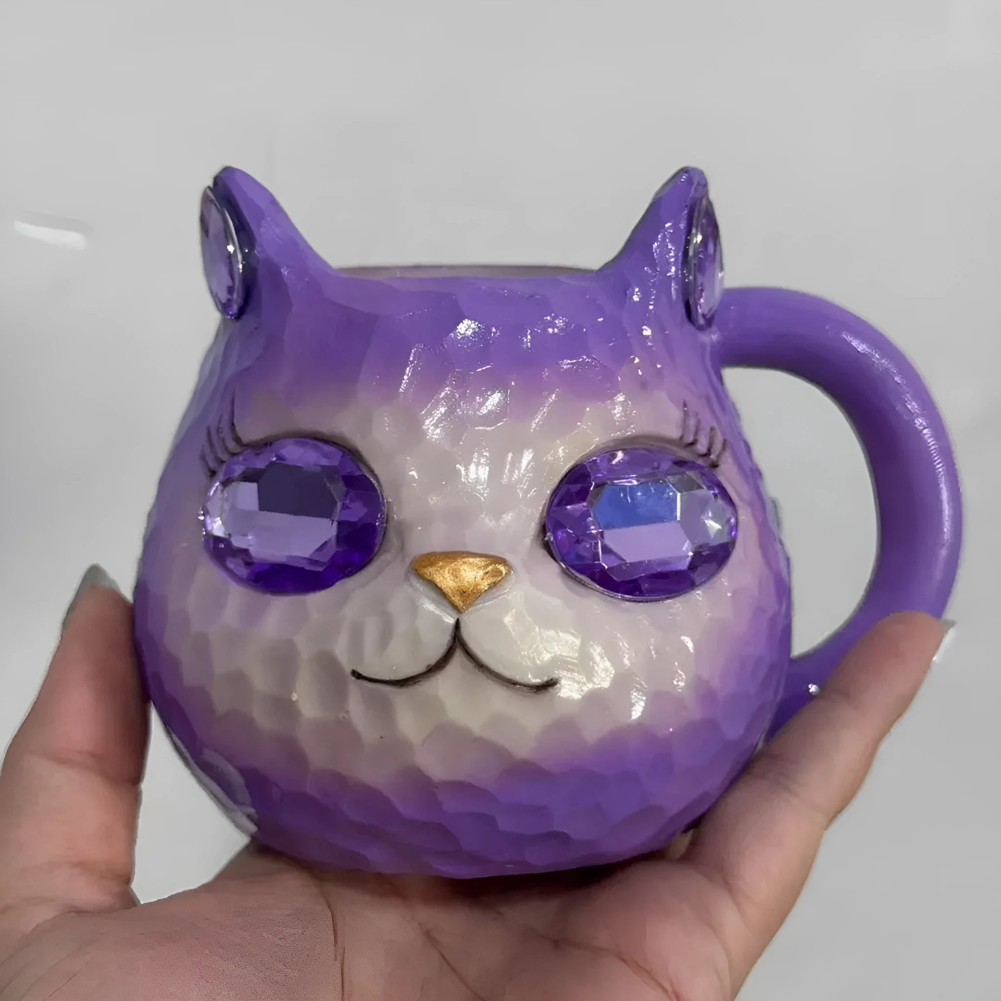 Handcrafted American style resin decorative cat cup ornament in purple, green, blue, or pink colour
