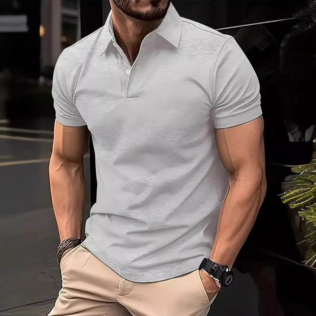 Men's slim fit casual short sleeve button-up shirt in a solid colour on a hanger.