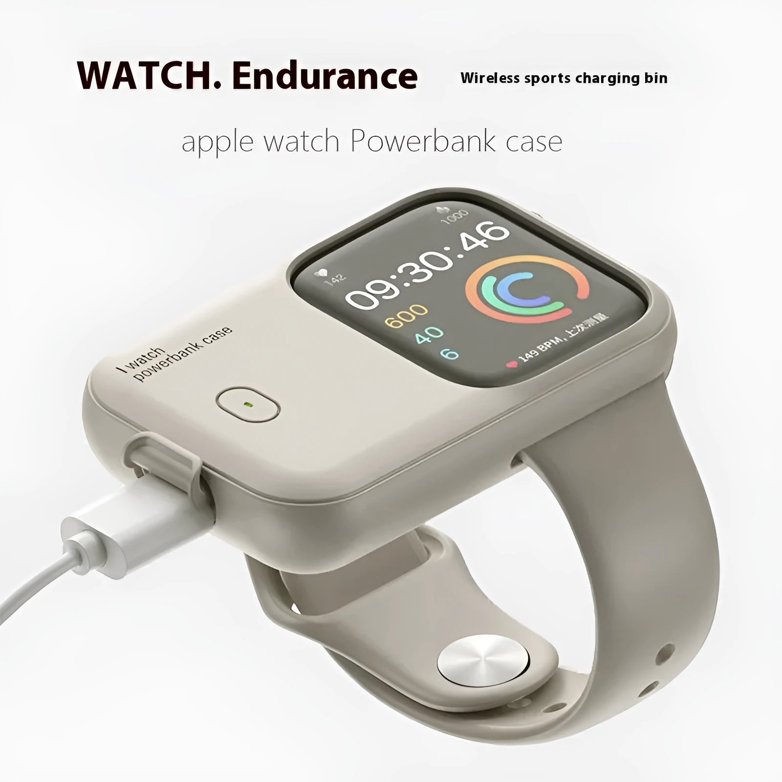 Apple Watch portable wireless charging case with silicone protector in brown, blue, and starlight colours.
