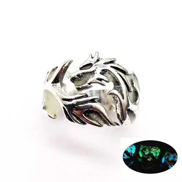 Adjustable Chinese dragon ring with luminous ancient silver blue and green electroplated metal geometric design