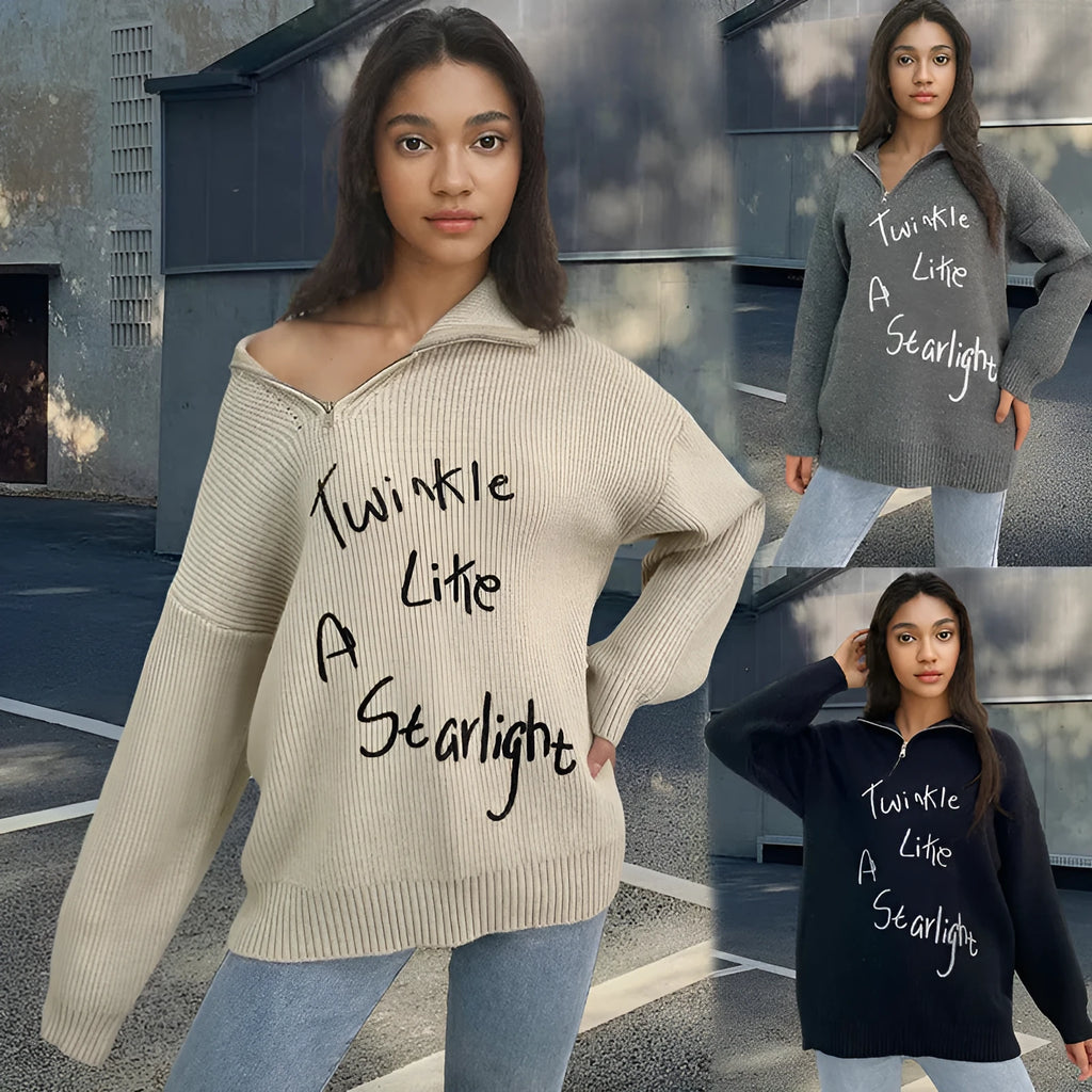 Women's light khaki alpaca wool pullover sweater with diagonal zipper and loose lapel collar