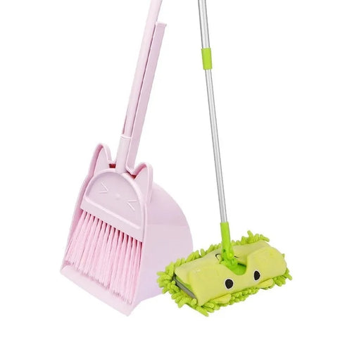 Plastic broom and dustpan set in beige, green, or purple with rotating brush holder